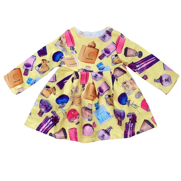 NWT 2T Boutique Baby Girls Designer Perfume Print Chanel Logo Yellow Dress - Picture 1 of 6